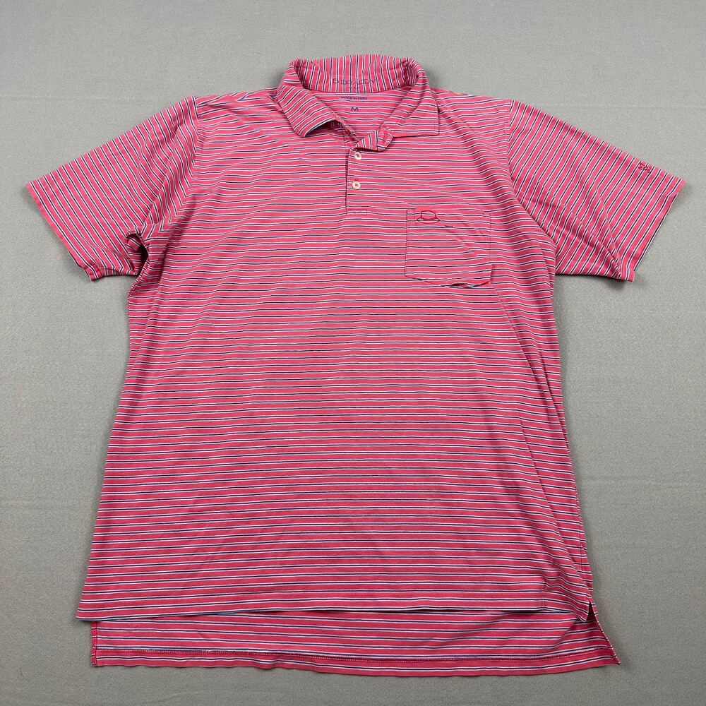 B. Draddy Polo Shirt Men Medium Pink Blue Stripe Logo Golf Stretch Golfer M *